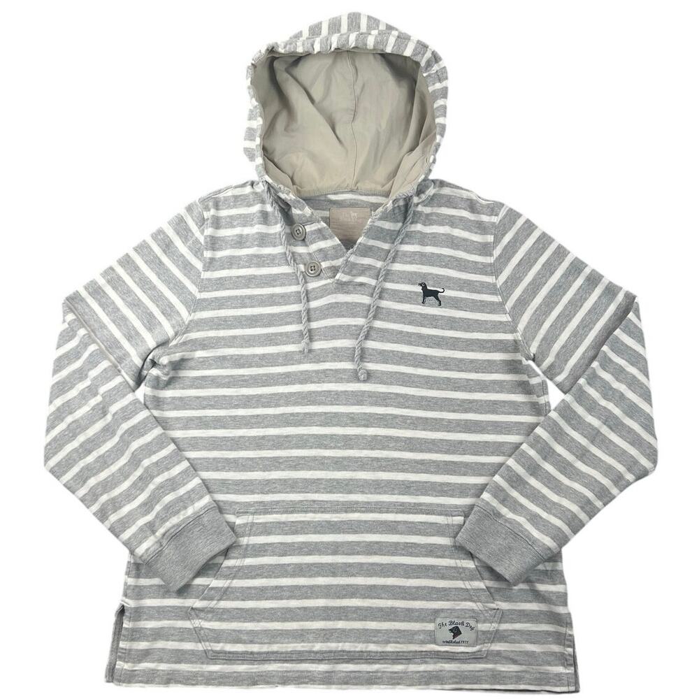 The Black Dog Martha's Vineyard Gray White Striped Hooded Pullover Hoodie M